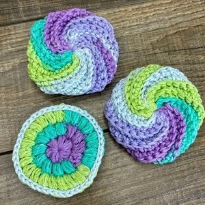 Handcrafted Crochet Spiral Tawashi and Face Round Scrubbies Set Cotton Yarn